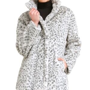 Kenneth Cole Snow Leopard Faux Fur Coat with Standing Collar NWT